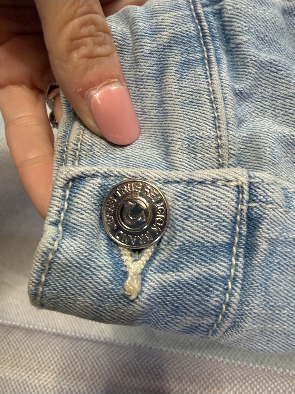 True Religion Light Blue Denim Jacket with Red Logo Patch - Picture 4 of 8